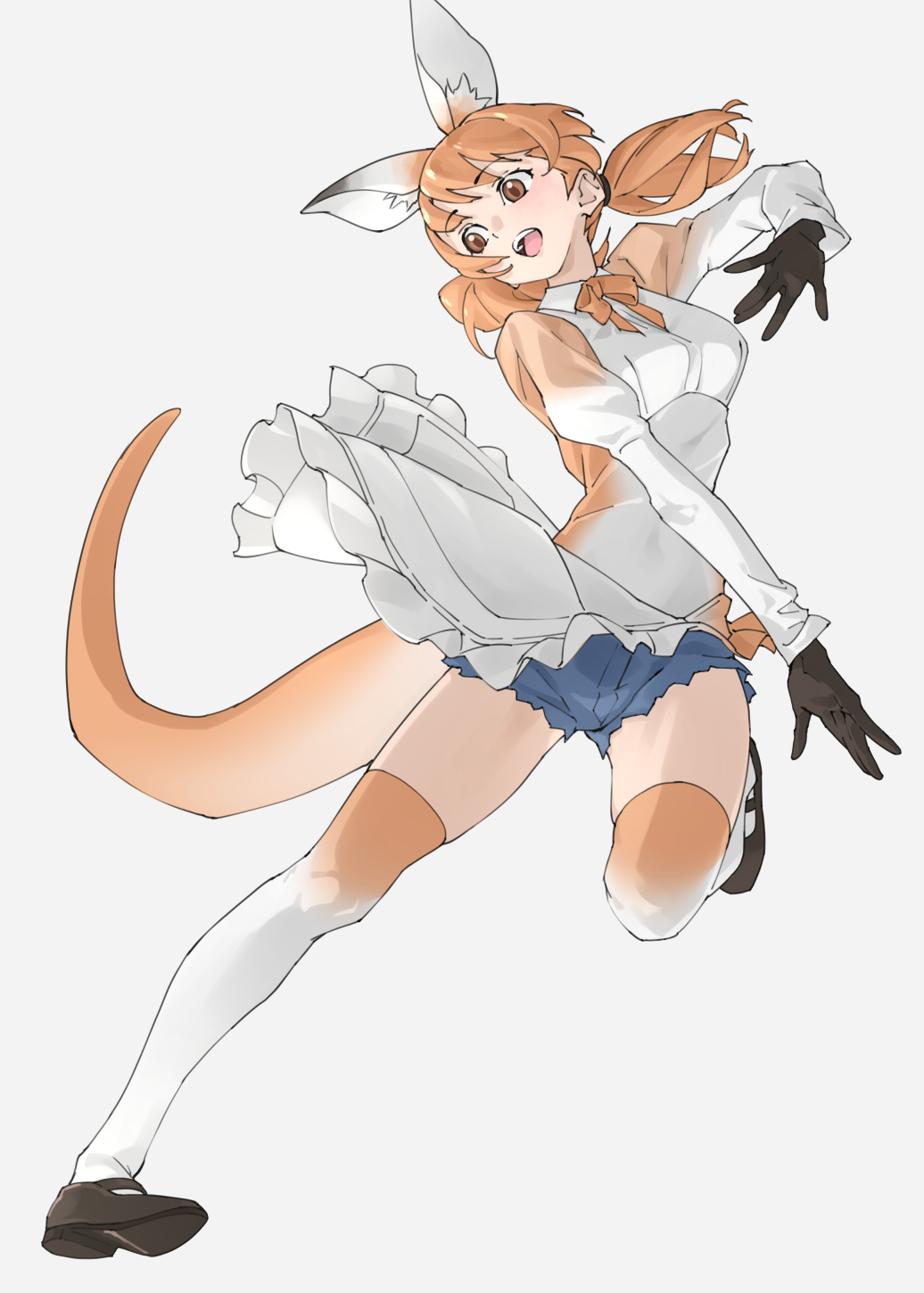 1girl, :d, animal_ear_fluff, animal_ears, apron, black_gloves, blue_shorts, brown_eyes