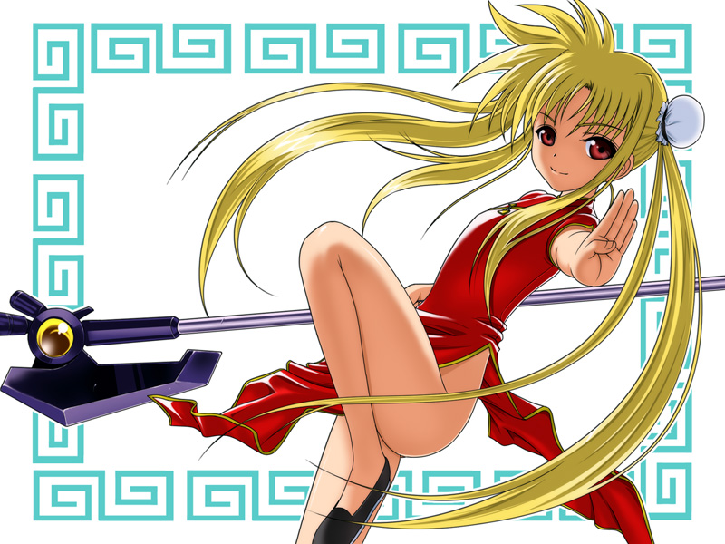 00s, 1girl, 40010prototype, axe, bardiche_(device_form)_(nanoha), bardiche_(nanoha), black_shoes, blonde_hair, bun_cover, china_dress, chinese_clothes, double_bun, dress, fate_testarossa, female_focus, hair_bun, long_hair, looking_at_viewer, lyrical_nanoha, mahou_shoujo_lyrical_nanoha, meandros, no_panties, red_dress, red_eyes, shoes, short_sleeves, side_slit, skirt, smile, solo, standing, standing_on_one_leg, twintails, very_long_hair, weapon, white_background