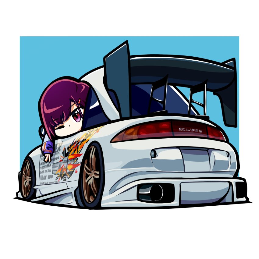 1girl, absurdres, blue_background, blue_jacket, border, chibi, commentary, duz, english_commentary, hair_ornament, hairclip, highres, jacket, looking_down, mikazuki_shizuka, mitsubishi_eclipse, mitsubishi_motors, one_eye_closed, purple_eyes, purple_hair, shadow, solo, spoiler_(automobile), vehicle_focus, white_border, zom_100:_zombie_ni_naru_made_ni_shitai_100_no_koto