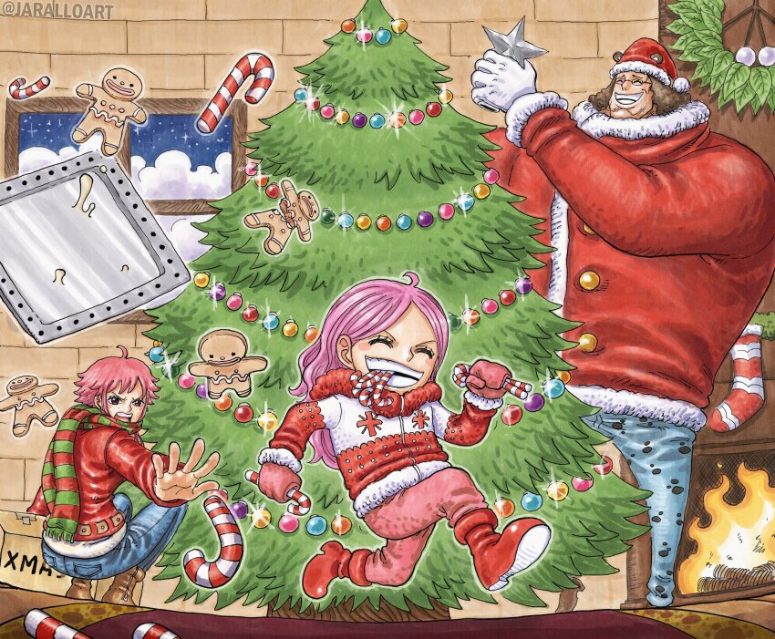 1boy, 2girls, aged_down, ahoge, animal_ears, bartholomew_kuma, bear_ears, black_eyes, black_hair, blush, box, candy, candy_cane, christmas, christmas_ornaments, christmas_star, christmas_stocking, christmas_tree, closed_eyes, english_text, family, fireplace, food, food_in_mouth, freckles, gingerbread_man, ginny_(one_piece), glasses, gloves, hat, highres, holding, holding_candy, holding_candy_cane, holding_food, indoors, jewelry_bonney, long_hair, mother_and_child, mother_and_daughter, multiple_girls, noburuart, one_piece, open_mouth, outstretched_arm, parent_and_child, pink_hair, santa_hat, scarf, short_hair, sky, smile, star_(sky), star_(symbol), starry_sky, sweets, teeth, two-tone_scarf, white_gloves, window