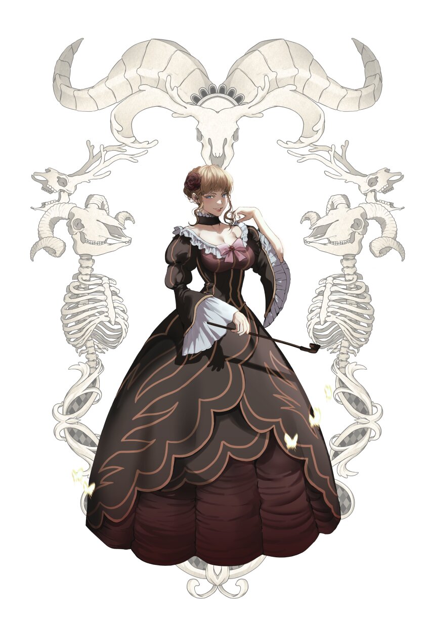 1girl, absurdres, animal_skeleton, animal_skull, beatrice_(umineko), black_choker, blonde_hair, blue_eyes