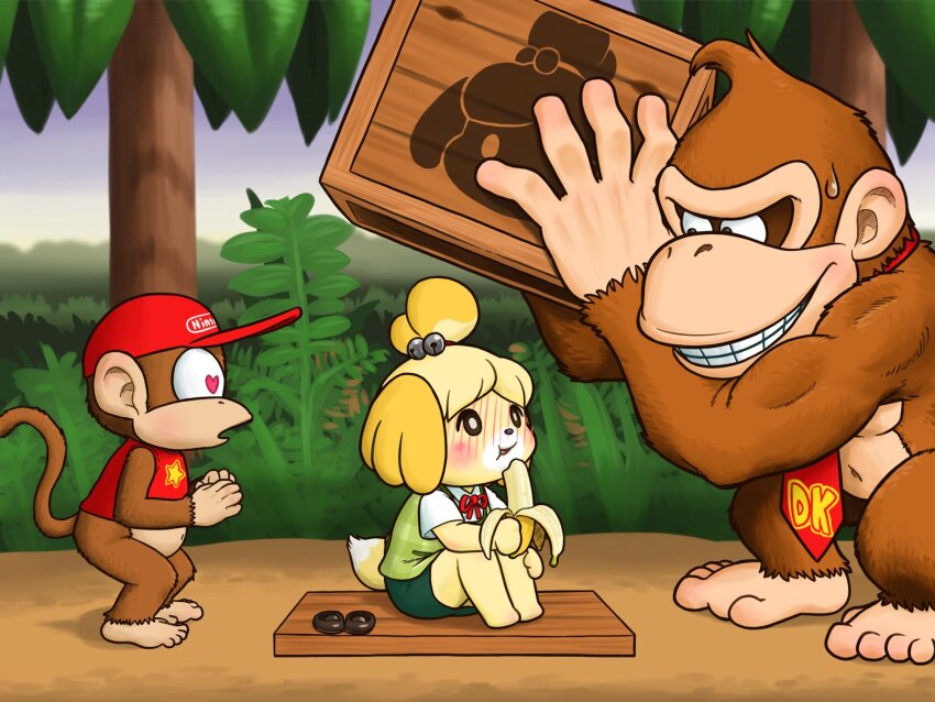 1girl, 2boys, :t, animal_crossing, animal_ears, banana, bell, blush, bright_pupils, crate, crossover, dog_ears, dog_tail, donkey_kong, donkey_kong_(series), donkey_kong_country, eating, food, fruit, furry, furry_female, hair_bell, hair_ornament, hat, heart, heart-shaped_pupils, highres, holding, holding_food, isabelle_(animal_crossing), jingle_bell, jungle, monkey, monkey_tail, multiple_boys, nature, necktie, nintendo, outdoors, rakugaken, red_hat, red_necktie, sitting, skirt, standing, symbol-shaped_pupils, tail, tree, white_pupils