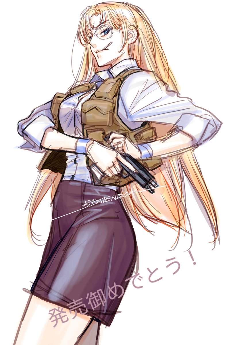 1girl, artist_name, black_lagoon, blonde_hair, blue_eyes, bracelet, breasts, brown_vest, cocking_gun, collared_shirt, eda_(black_lagoon), from_side, glasses, gun, hair_behind_ear, highres, holding, holding_gun, holding_weapon, jewelry, long_hair, medium_breasts, parted_bangs, pencil_skirt, purple_skirt, round_eyewear, shirt, simple_background, skirt, solo, very_long_hair, vest, weapon, white_background, white_shirt, yonemura_kouichirou