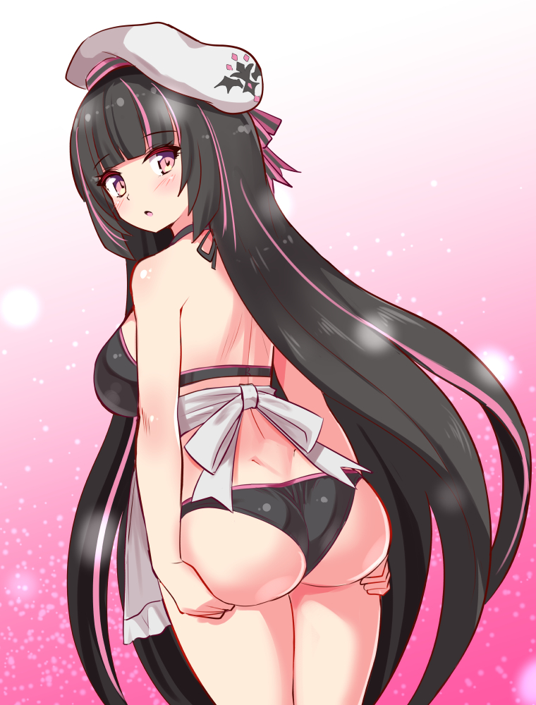 1girl, ass, ass_grab, ass_support, bare_shoulders, bikini, black_hair, blush, breasts, brown_eyes, cougar_(cougar1404), dimples_of_venus, from_behind, hat, huge_ass, lethe_bonapuchi, long_hair, looking_at_viewer, medium_breasts, multicolored_hair, open_mouth, panties, pink_hair, production_kawaii, sideboob, solo, swimsuit, two-tone_hair, underwear, very_long_hair, virtual_youtuber, wedgie