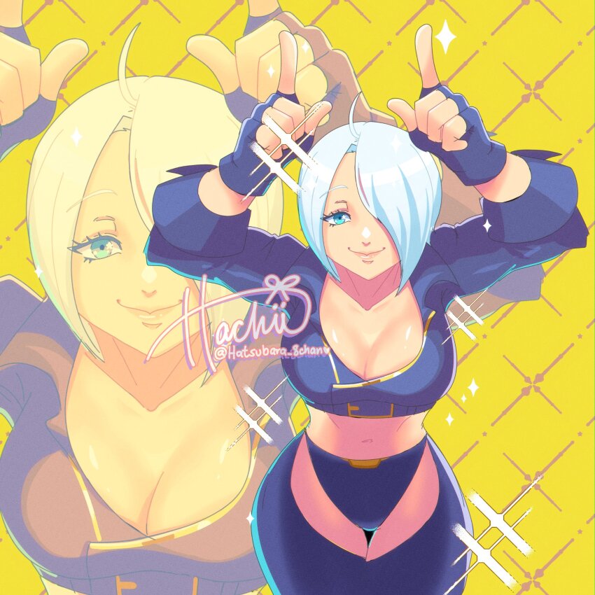 ahoge, angel_(kof), arms_up, artist_name, black_jacket, black_panties, blue_eyes, breasts, chaps, cleavage, collarbone, commentary, cropped_jacket, crotchless, crotchless_pants, english_commentary, fingerless_gloves, gloves, hair_over_one_eye, hatsubara_8chan, highres, jacket, large_breasts, midriff, navel, panties, pants, short_hair, signature, smile, the_king_of_fighters, the_king_of_fighters_xv, twitter_username, underwear, white_hair, zoom_layer