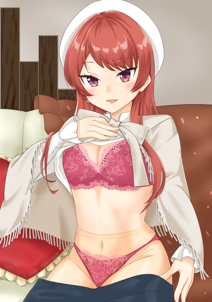 1girl, beret, black_skirt, bra, breasts, cleavage, clothes_lift, frilled_skirt