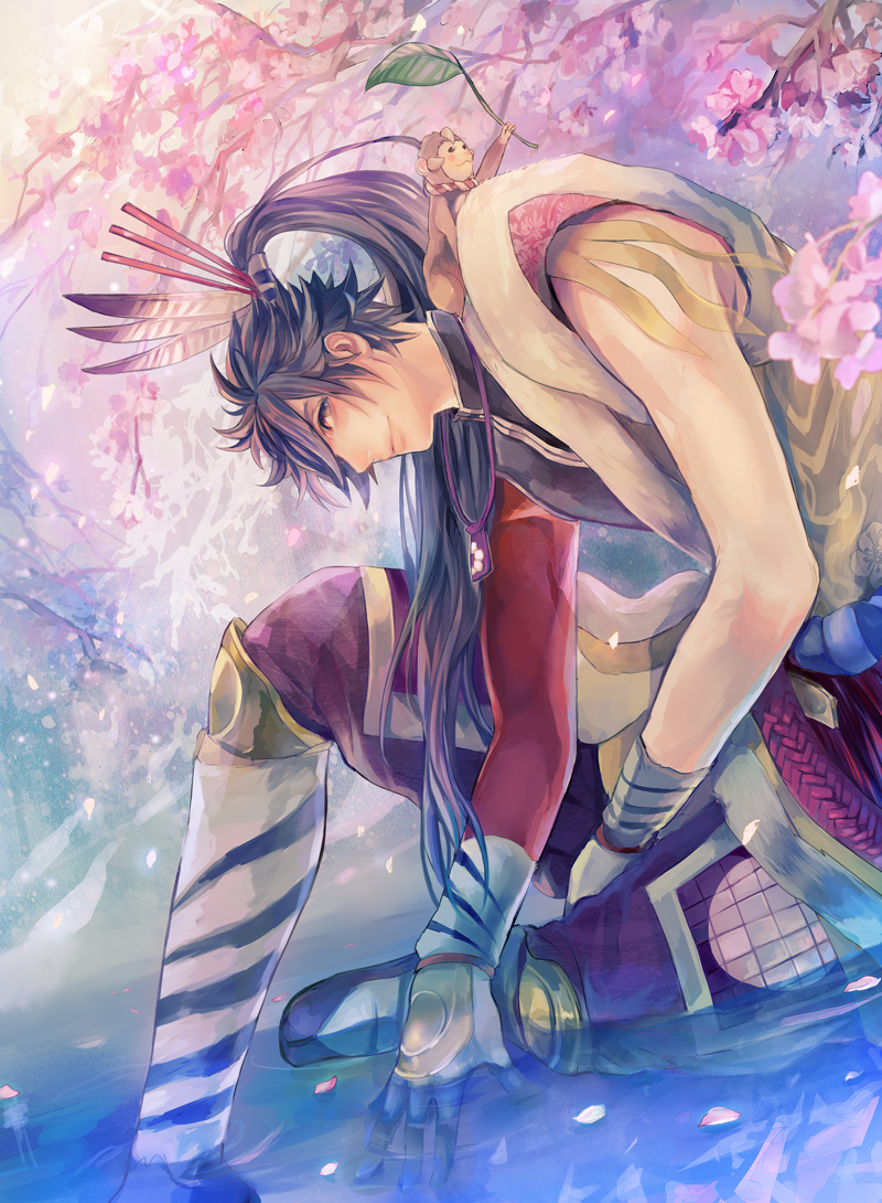 1boy, bad_id, bad_pixiv_id, brown_eyes, brown_hair, feather_hair_ornament, feathers, flower