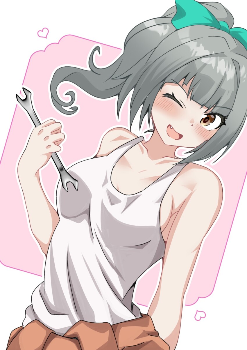 1girl, aqua_bow, bow, breasts, brown_eyes, commentary_request, fang, grey_hair