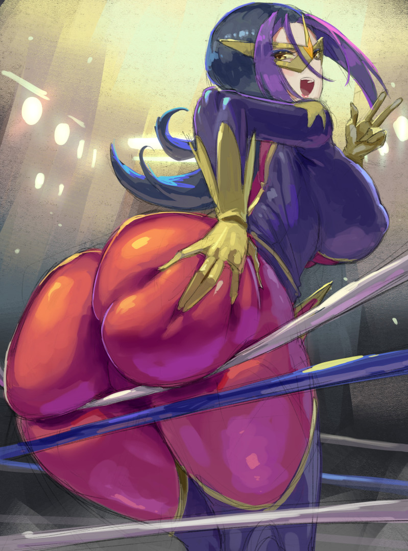 1girl, ass, ass_focus, ass_press, blue_hair, bodysuit, breasts, curvy