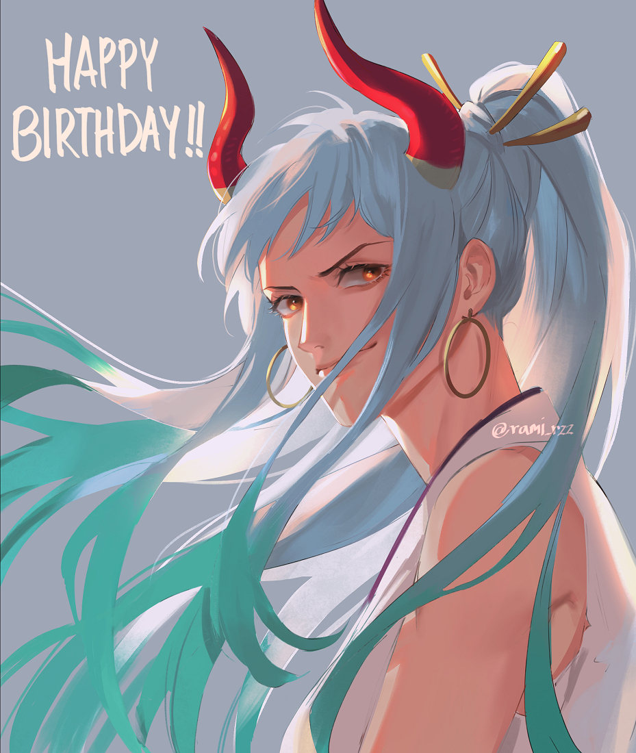 1girl, aqua_hair, earrings, floating_hair, grey_background, hair_ornament, happy_birthday, horns