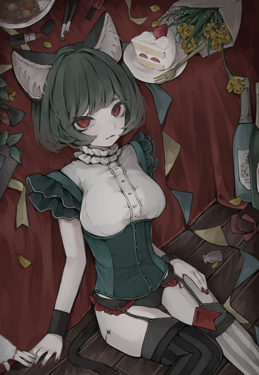 1girl, absurdres, animal_ears, asymmetrical_legwear, baby's-breath, black_tail, blue_nails, bob_cut