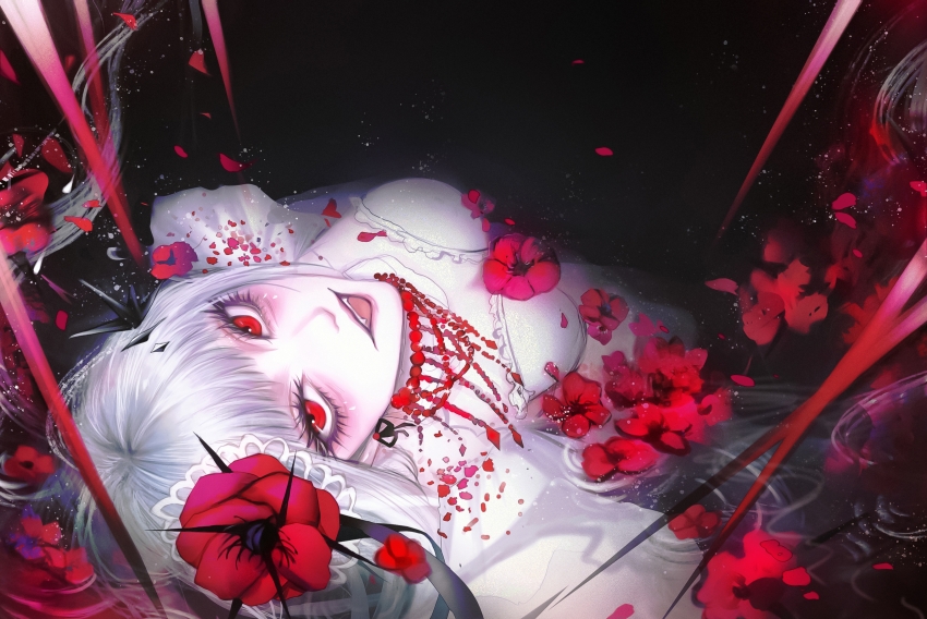 1girl, absurdres, aegyo_sal, black_background, blunt_bangs, breasts, chinese_commentary, cleavage, commentary, coquelic_(path_to_nowhere), dress, fangs, fascinator, flower, gem, hair_flower, hair_ornament, highres, jewelry, light_particles, looking_at_viewer, looking_up, lying, medium_breasts, necklace, on_back, open_mouth, partially_submerged, path_to_nowhere, petals, poppy_(flower), red_eyes, red_flower, red_gem, red_petals, ripples, smile, solo, white_dress, white_hair, yu_zhezhe