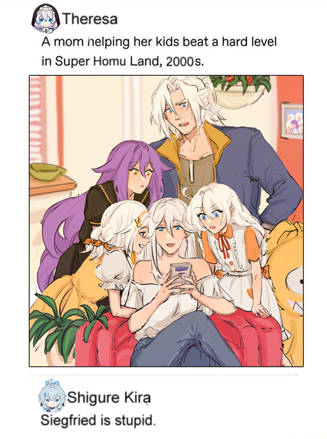 1boy, 6+girls, aged_down, ahoge, artist_request, durandal_(honkai_impact), blue_eyes, blue_jacket