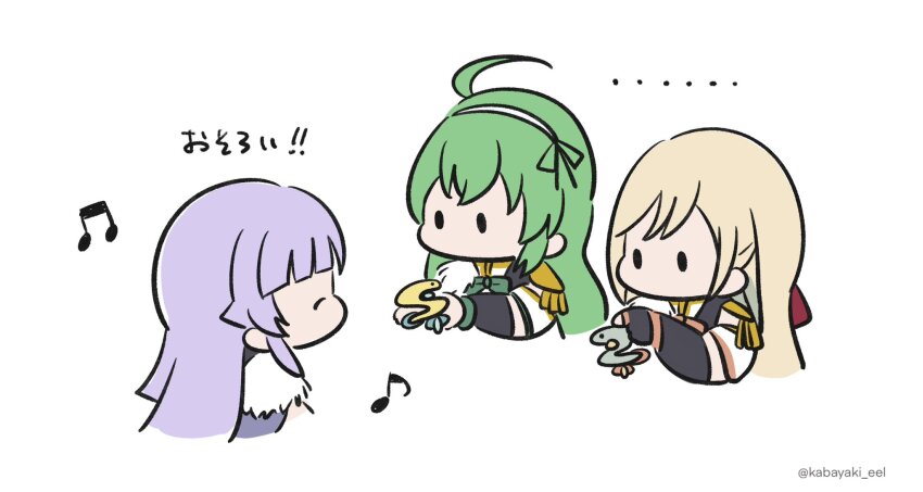 ..., 3girls, ^_^, assault_lily, banshouya_ena, beamed_eighth_notes, black_gloves, black_ribbon