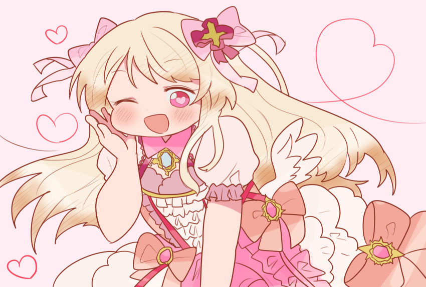 1girl, ;d, blonde_hair, blush, chaos_marie_(grimms_notes), cleavage_cutout, clothing_cutout, dress, gradient_hair, grimms_notes, hair_ribbon, heart, heart-shaped_pupils, highres, jewelry, long_hair, multicolored_hair, one_eye_closed, open_mouth, pendant, puffy_short_sleeves, puffy_sleeves, ribbon, short_sleeves, smile, solo, symbol-shaped_pupils, upper_body, wings, yamada_(nou_74)