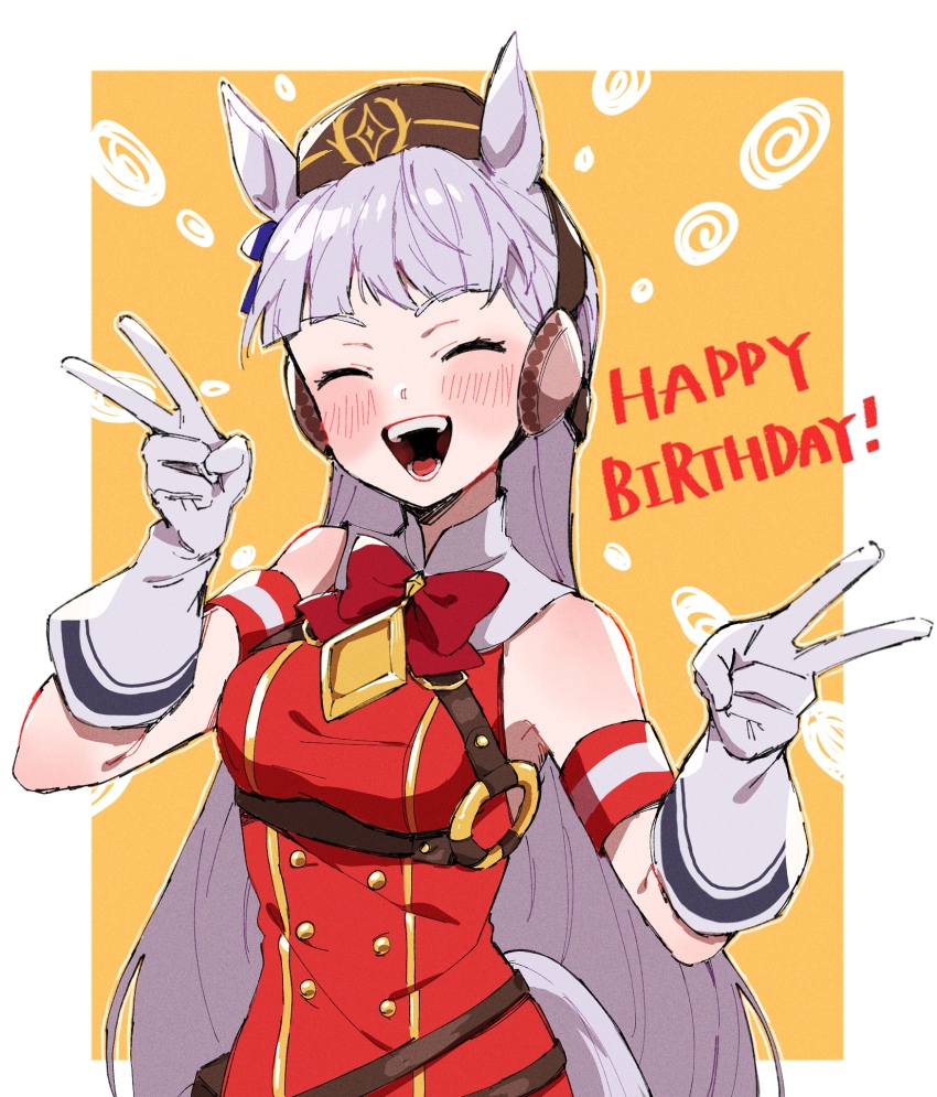 1girl, animal_ears, blunt_bangs, bow, bowtie, breasts, closed_eyes, dress