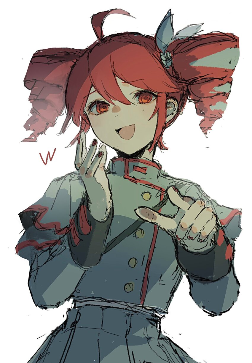 1girl, ahoge, collared_jacket, commentary_request, drill_hair, fingernails, grey_jacket, grey_skirt