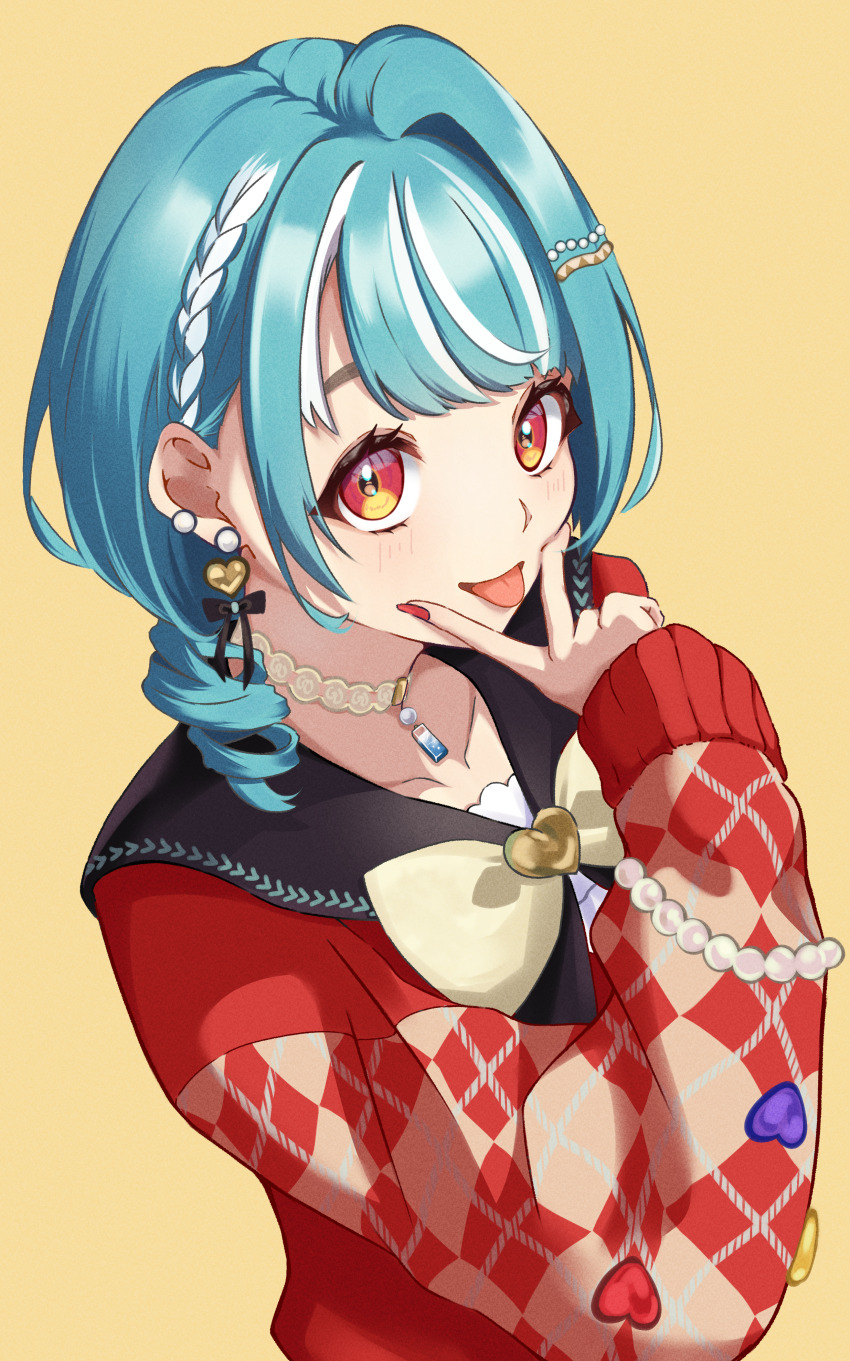 1girl, absurdres, argyle_clothes, argyle_sweater, blue_hair, braid, cardigan, choker
