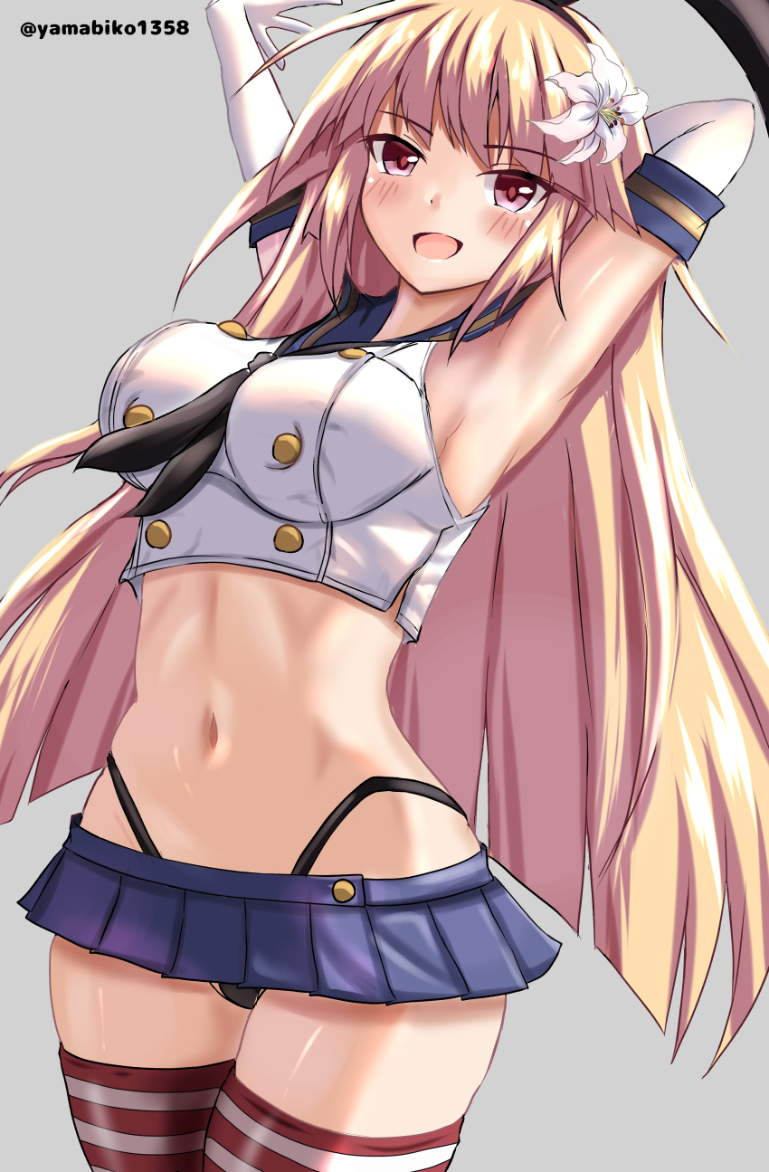 1girl, absurdres, armpits, arms_up, black_hairband, black_neckerchief, black_panties, blonde_hair