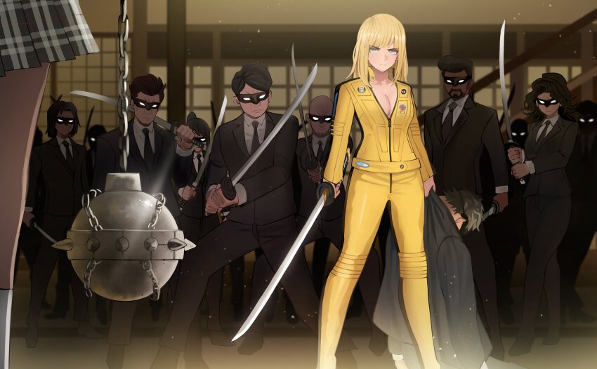 3girls, 6+boys, animification, bald, ball_and_chain_(weapon), beard, beatrix_kiddo, black_footwear, black_hair, black_jacket, black_mask, black_necktie, black_pants, blonde_hair, blue_eyes, blurry, blurry_background, breasts, brown_hair, cleavage, closed_mouth, collared_shirt, crazy_88, domino_mask, dress_shirt, eye_mask, facial_hair, fighting_stance, formal_clothes, glint, highres, holding, holding_sword, holding_weapon, indoors, jacket, jourd4n, jumpsuit, katana, kill_bill, legs_apart, long_hair, long_sleeves, mask, medium_breasts, medium_hair, multiple_boys, multiple_girls, necktie, over_shoulder, pants, partially_unzipped, plaid_clothes, plaid_skirt, pleated_skirt, shirt, short_hair, skirt, stairs, standing, suit, suit_jacket, sword, weapon, weapon_over_shoulder, white_shirt, yellow_jumpsuit, yuubari_gogo
