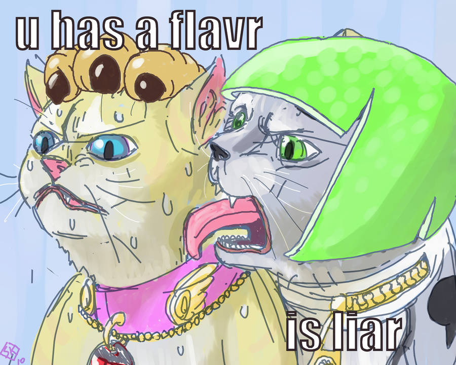animalization, bruno_bucciarati, cat, giorno_giovanna, jojo_no_kimyou_na_bouken, meme, nervous, no_humans, parody, sweat, taste_of_a_liar_(meme), the_taste_of_a_liar, vento_aureo