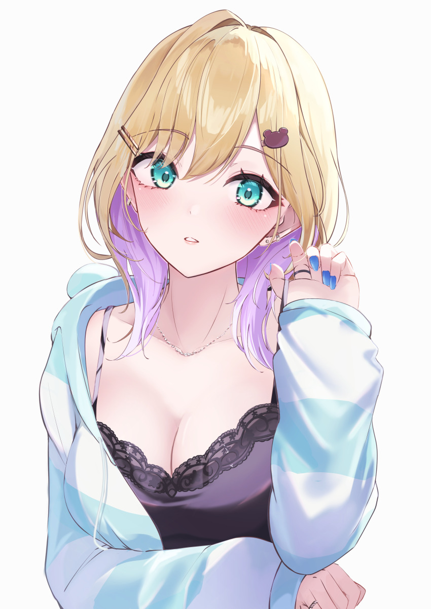 1girl, 717minami, :o, absurdres, bear_hair_ornament, black_camisole, blonde_hair, blue_jacket