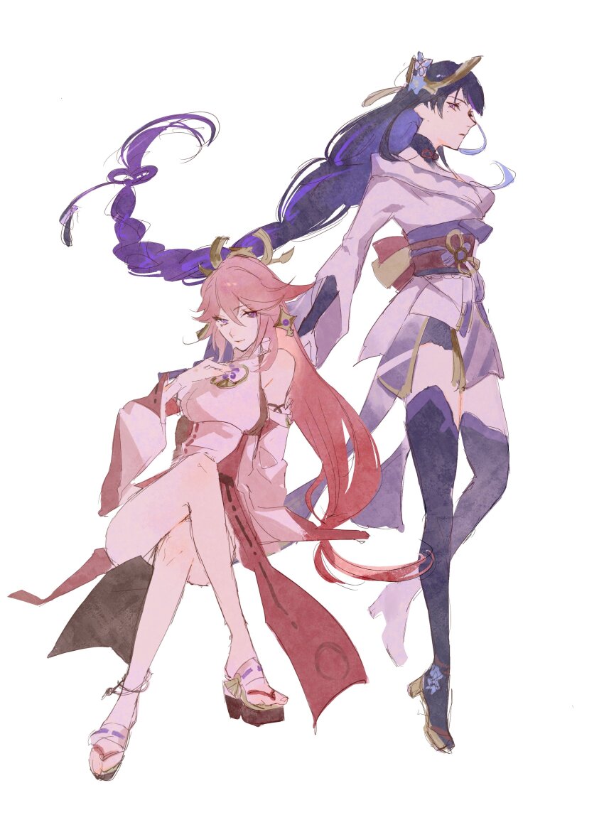 2girls, absurdres, bare_legs, braid, closed_mouth, detached_sleeves, earrings, en_pointe, genshin_impact, hair_ornament, high_heels, highres, japanese_clothes, jewelry, kimono, long_hair, mole, mole_under_eye, multiple_girls, nontraditional_miko, obi, pink_hair, purple_eyes, purple_hair, purple_kimono, purple_sash, purple_thighhighs, raiden_shogun, sandals, sash, short_kimono, short_shorts, shorts, simple_background, single_braid, sitting, standing, standing_on_one_leg, swept_bangs, thighhighs, white_background, wide_sleeves, yae_miko, zuu_(kyuudo9)