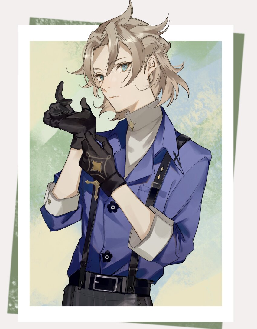 1boy, absurdres, adjusting_clothes, adjusting_gloves, albedo_(genshin_impact), albedo_(m&amp;g)_(genshin_impact), belt, black_gloves