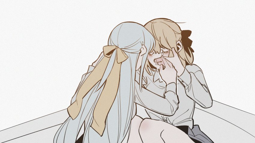 2girls, anisphia_wynn_palettia, bathroom, bathtub, black_ribbon, blonde_hair, blue_hair, closed_eyes