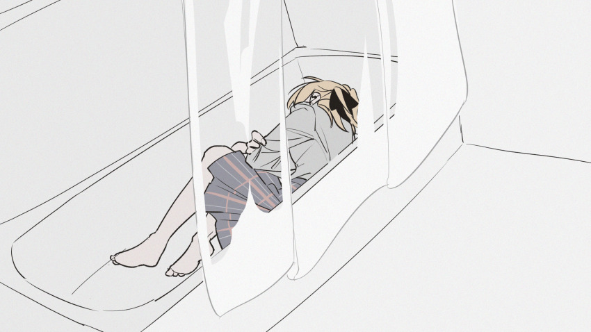 1girl, anisphia_wynn_palettia, barefoot, bathroom, bathtub, black_ribbon, black_skirt, blonde_hair