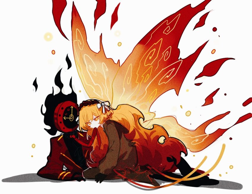 1girl, 1other, aislan, ardor_blossom_star_(e.g.o), black_gloves, black_shirt, bow, collared_shirt, dante_(limbus_company), e.g.o_(project_moon), fiery_wings, fire, gloves, hair_bow, ishmael_(project_moon), jacket, limbus_company, long_hair, long_sleeves, necktie, object_head, orange_eyes, orange_hair, project_moon, red_jacket, red_necktie, shirt, very_long_hair, white_background, white_bow, wings