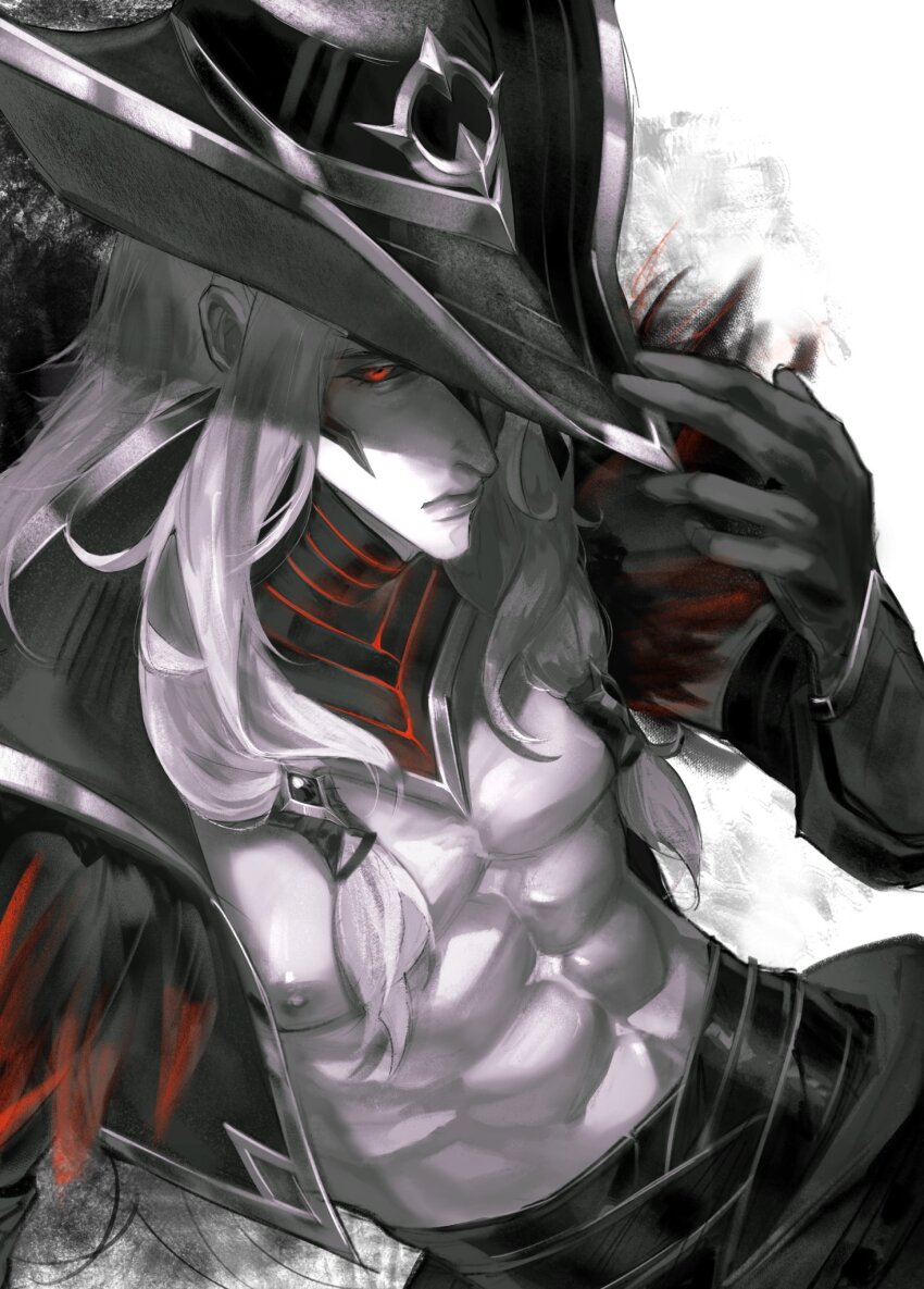cowboy, cowboy_western, gloves, high_noon_yone, highres, jacket, league_of_legends, leather, leather_jacket, long_hair, pale_skin, red_eyes, topless_male, western, white_background, white_hair, yone_(league_of_legends)