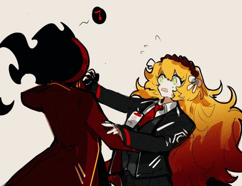 1girl, 1other, aislan, black_gloves, black_pants, bow, collared_shirt, dante_(limbus_company)