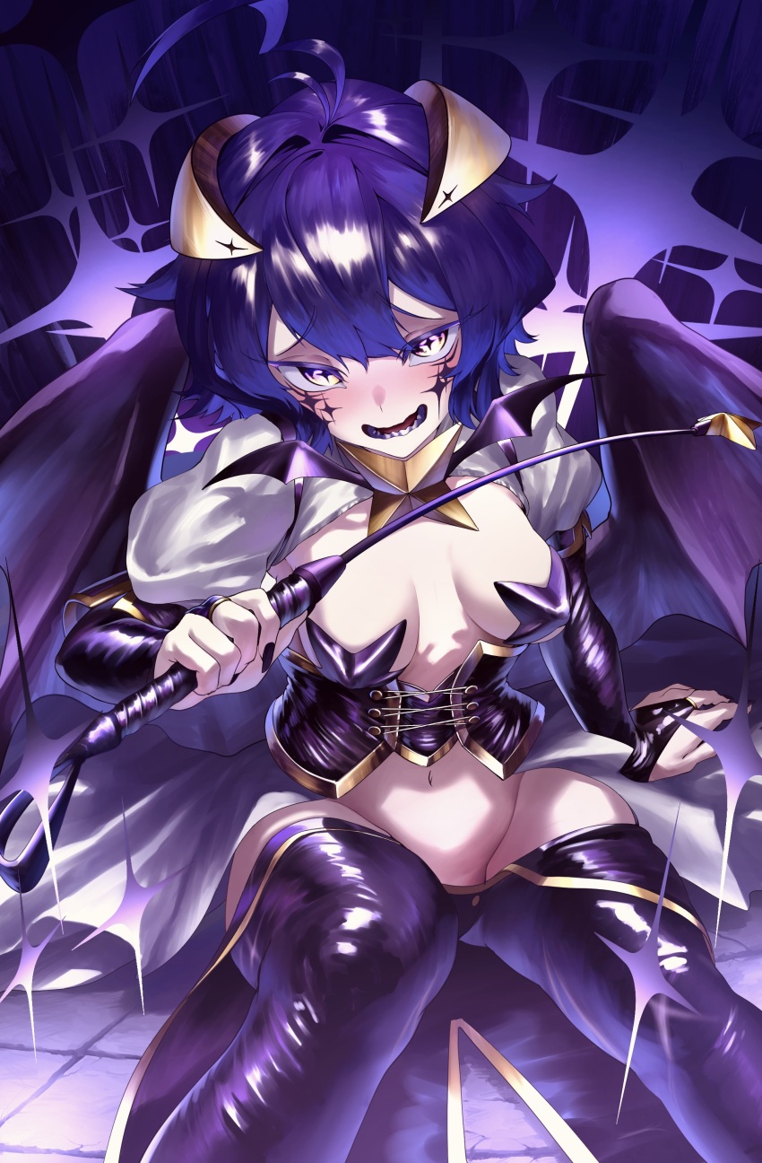1girl, absurdres, ahoge, black_corset, black_gloves, black_hair, black_pants, breasts, bridal_gauntlets, cleft_of_venus, commentary, corset, cross-shaped_pupils, cross_tattoo, demon_horns, demon_wings, elbow_gloves, facial_tattoo, forward-facing_horns, gloves, highres, hiiragi_utena, holding, holding_riding_crop, horns, low_wings, lowleg, lowleg_pants, magia_baiser, magical_girl, mahou_shoujo_ni_akogarete, medium_breasts, navel, open_mouth, pants, pasties, puffy_short_sleeves, puffy_sleeves, riding_crop, short_hair, short_sleeves, showgirl_skirt, shrug_(clothing), sitting, smile, solo, subbaru, symbol-shaped_pupils, tattoo, white_shrug, wings, yellow_eyes, yellow_horns