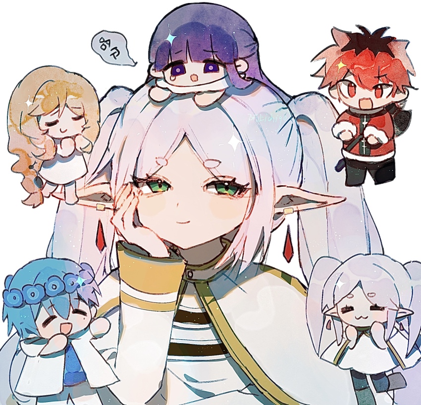 2boys, 3girls, axe, azhiichigo, black_hair, blue_hair, blunt_bangs, brown_hair, capelet, chibi, chinese_commentary, chinese_text, cloak, closed_mouth, commentary_request, earrings, elf, fern_(sousou_no_frieren), flamme_(sousou_no_frieren), frieren, gold_trim, green_eyes, half-closed_eyes, head_wreath, highres, himmel_(sousou_no_frieren), jewelry, long_hair, long_pointy_ears, long_sleeves, looking_at_viewer, multicolored_hair, multiple_boys, multiple_girls, parted_bangs, pointy_ears, purple_eyes, purple_hair, red_eyes, red_hair, short_hair, simple_background, smile, sousou_no_frieren, speech_bubble, stark_(sousou_no_frieren), translation_request, twintails, two-tone_hair, upper_body, weapon, weapon_on_back, white_background, white_capelet, white_cloak, white_hair