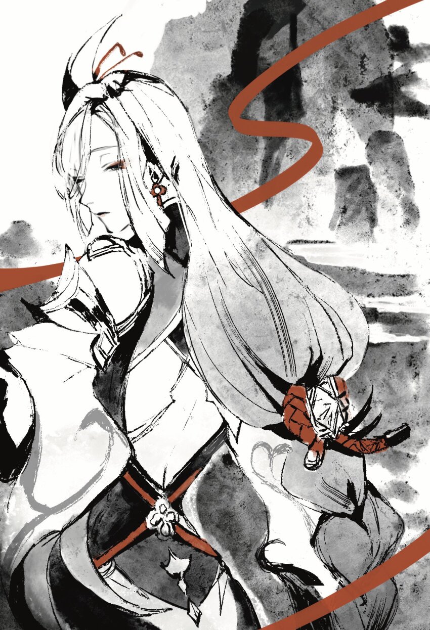 1girl, ahoge, back_cutout, braid, clothing_cutout, earrings, eyeshadow, from_behind, genshin_impact, greyscale, highres, ink, jewelry, long_hair, looking_back, makeup, monochrome, mountain, red_eyeshadow, shenhe_(genshin_impact), solo, spot_color, upper_body, zuu_(kyuudo9)