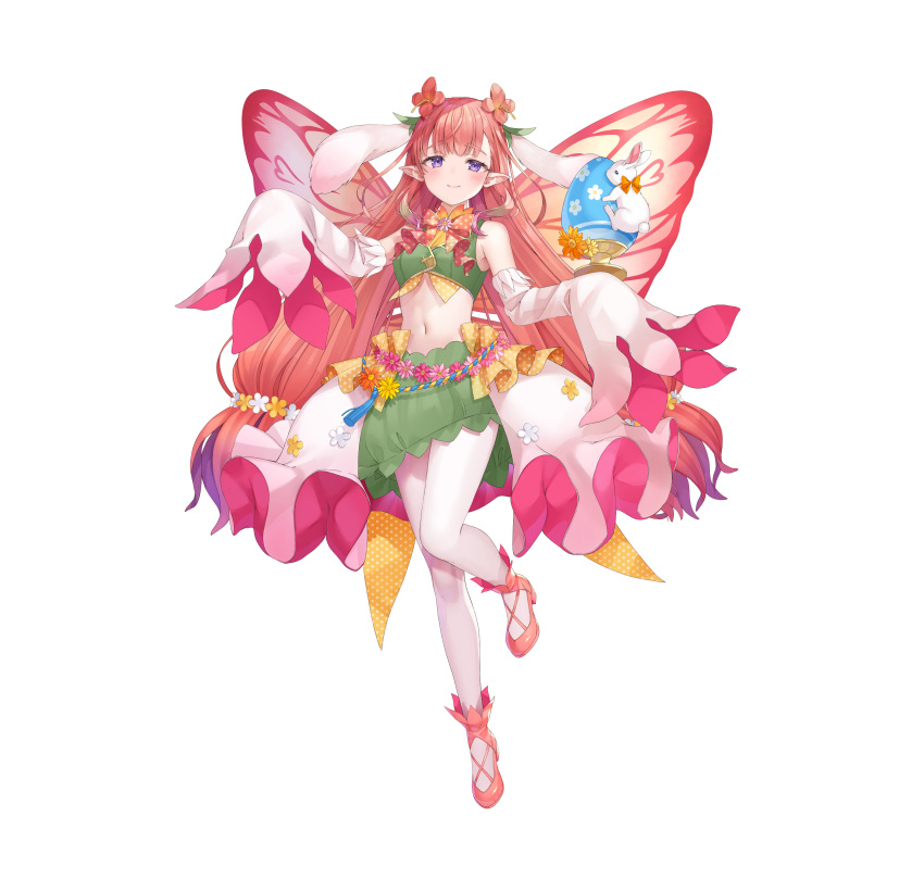 1girl, absurdres, animal_ears, bare_shoulders, breasts, cleavage, commentary_request, crop_top, fairy, fairy_wings, fake_animal_ears, fire_emblem, fire_emblem_heroes, flower, green_skirt, hair_flower, hair_ornament, highres, long_hair, long_sleeves, looking_at_viewer, midriff, mirabilis_(fire_emblem), mirabilis_(spring)_(fire_emblem), navel, nintendo, official_alternate_costume, official_art, pantyhose, pink_hair, pink_shoes, pointy_ears, rabbit_ears, sakura_shiori, shoes, simple_background, skirt, sleeves_past_fingers, sleeves_past_wrists, small_breasts, smile, solo, tachi-e, white_background, white_pantyhose, wings
