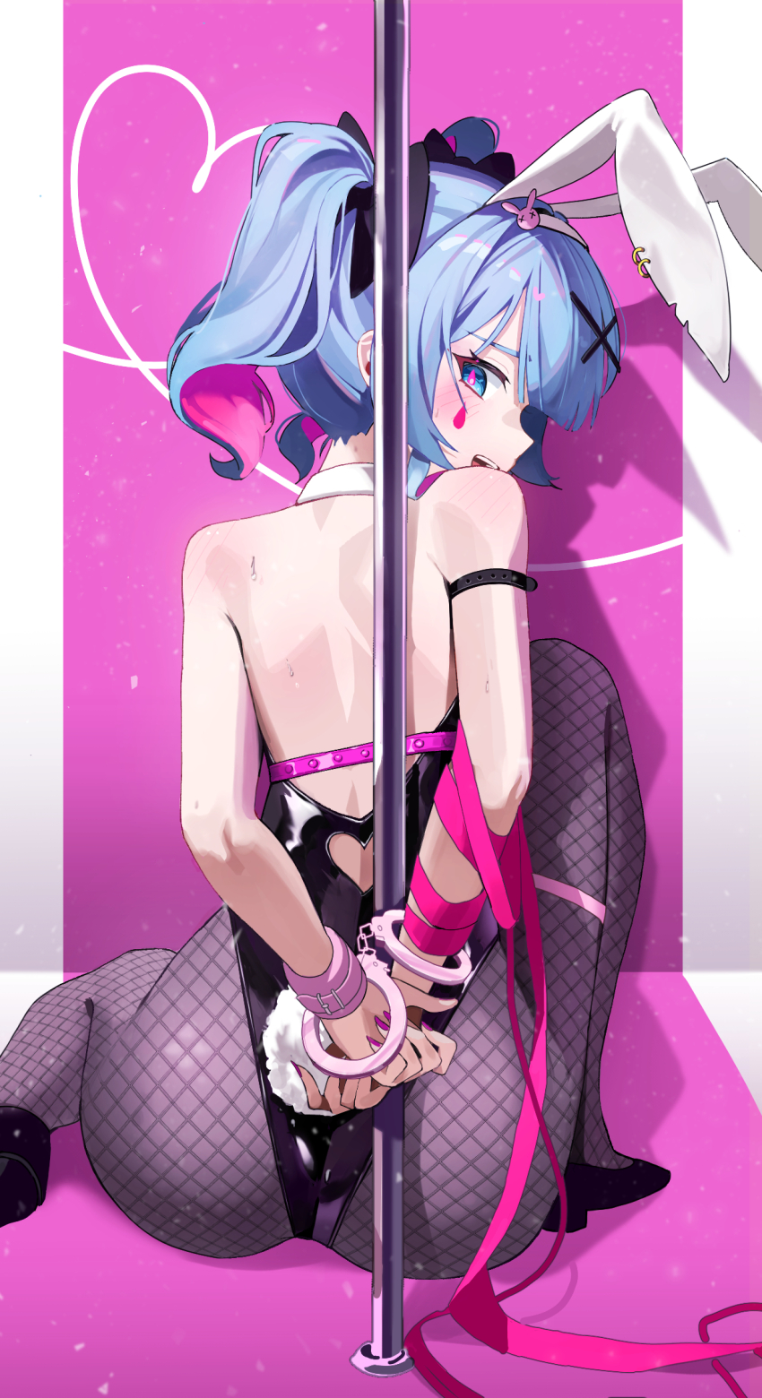 1girl, animal_ears, arms_behind_back, ass, back_cutout, bare_back, bare_shoulders, black_footwear, black_leotard, black_pantyhose, black_ribbon, blue_eyes, blue_hair, blush, bound, bound_wrists, clothing_cutout, colored_inner_hair, commentary, cuffs, facial_mark, fake_animal_ears, fishnet_pantyhose, fishnets, from_behind, hair_ornament, hair_ribbon, hairband, handcuffs, hatsune_miku, heart, high_heels, highres, knee_up, leotard, looking_at_viewer, looking_back, multicolored_hair, nun_nu, on_ground, open_mouth, pantyhose, pink_background, pink_hair, pink_pupils, pink_ribbon, playboy_bunny, pole, pumps, rabbit_ears, rabbit_hair_ornament, rabbit_hole_(vocaloid), restrained, ribbon, shoulder_blush, sitting, smile, solo, strapless, strapless_leotard, stripper_pole, teardrop_facial_mark, teeth, twintails, two-tone_hair, upper_teeth_only, vocaloid, white_background, white_hairband