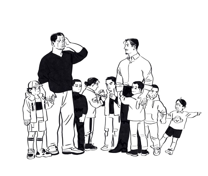 6+boys, aged_down, animal_ear_hood, animal_hood, animal_print, ankle_socks, arm_behind_head, arm_grab