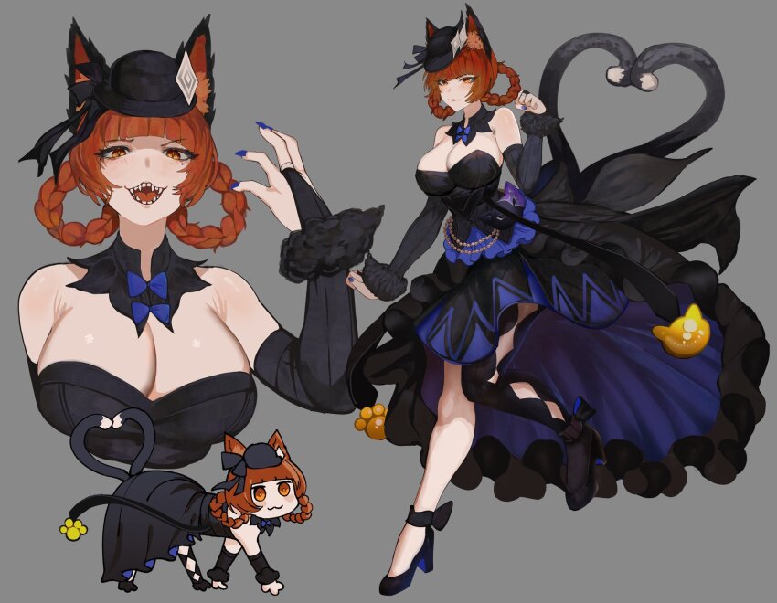 1girl, :3, alternate_costume, alternate_hairstyle, animal_ears, black_dress, black_footwear, black_headwear, blue_nails, cat_ears, cat_girl, cat_tail, commentary, detached_sleeves, dress, english_commentary, grey_background, high_heels, highres, kaenbyou_rin, kaenbyou_rin_(pikara_flame), mole, mole_under_eye, multiple_tails, multiple_views, nekomata, open_mouth, red_eyes, red_hair, simple_background, tail, tomatolover16, touhou, touhou_lostword, two_tails