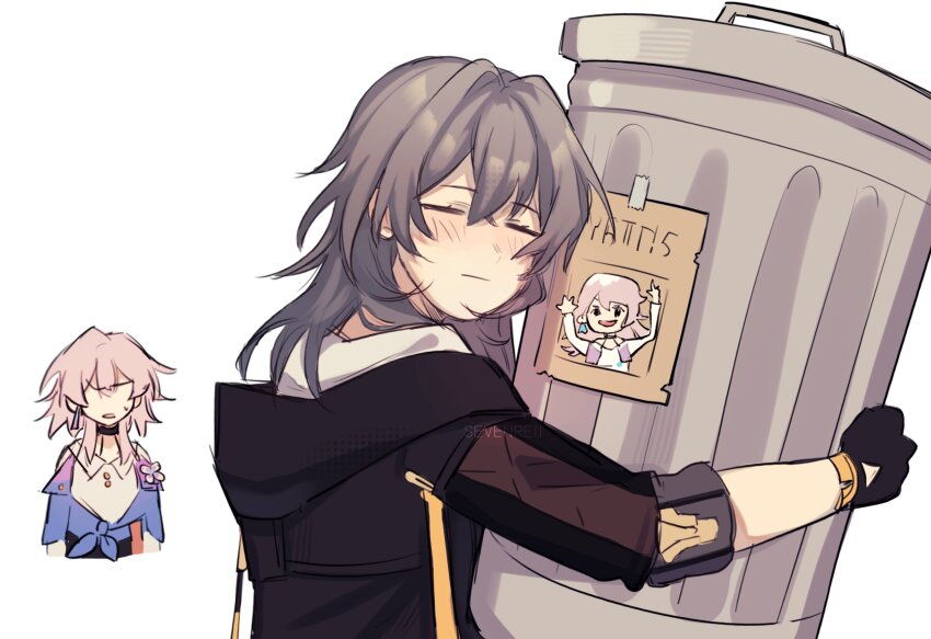 2girls, black_jacket, blue_jacket, blush, closed_eyes, closed_mouth, commentary, cropped_torso