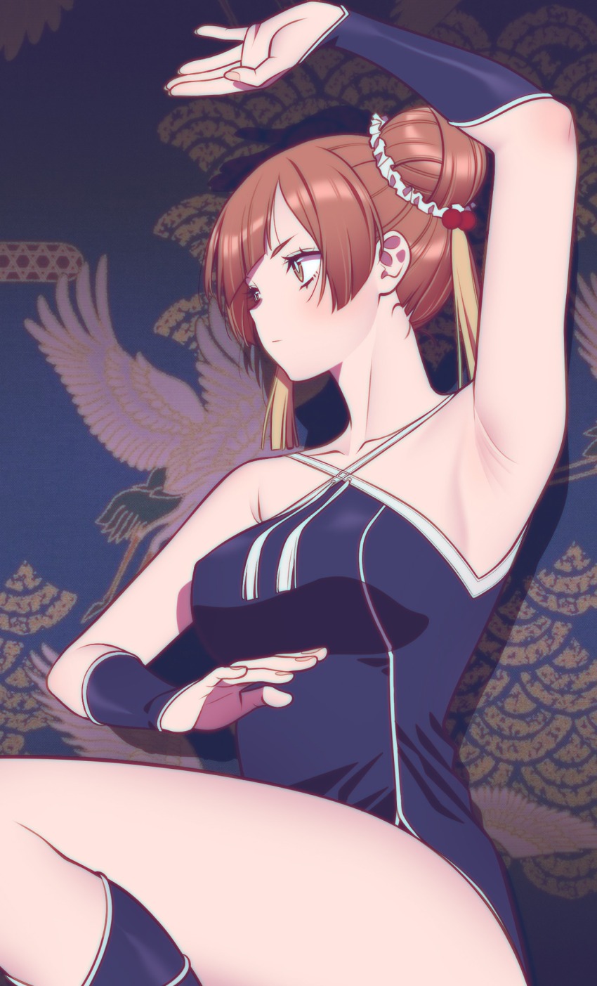 1girl, andrian_januar_adilia, arm_warmers, armpits, breasts, brown_eyes, brown_hair, closed_mouth