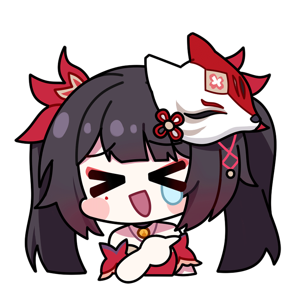 >_<, 1girl, :d, animated, animated_gif, bare_shoulders, bell, black_choker, blush_stickers, bow, brown_hair, chibi, choker, cropped_torso, dress, euyueuy, eyeliner, fox_mask, hair_bow, hand_up, honkai:_star_rail, honkai_(series), index_finger_raised, laughing, long_bangs, long_hair, makeup, mask, mask_on_head, neck_bell, open_mouth, outline, pink_eyes, pointing, red_bow, red_dress, red_eyeliner, sidelocks, sleeveless, sleeveless_dress, smile, solo, sparkle_(honkai:_star_rail), tearing_up, transparent_background, twintails, white_outline