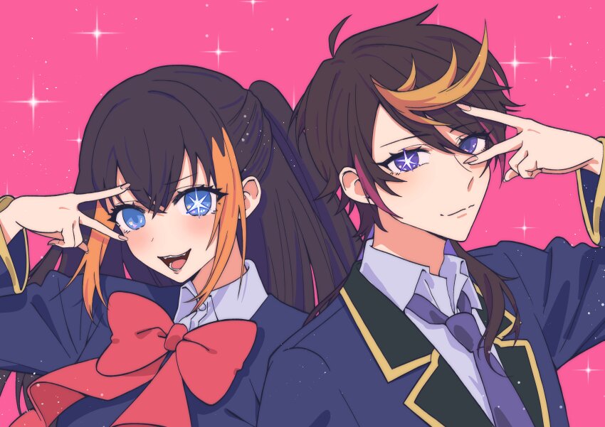 1boy, 1girl, absurdres, black_hair, blonde_hair, blue_eyes, blush, bow