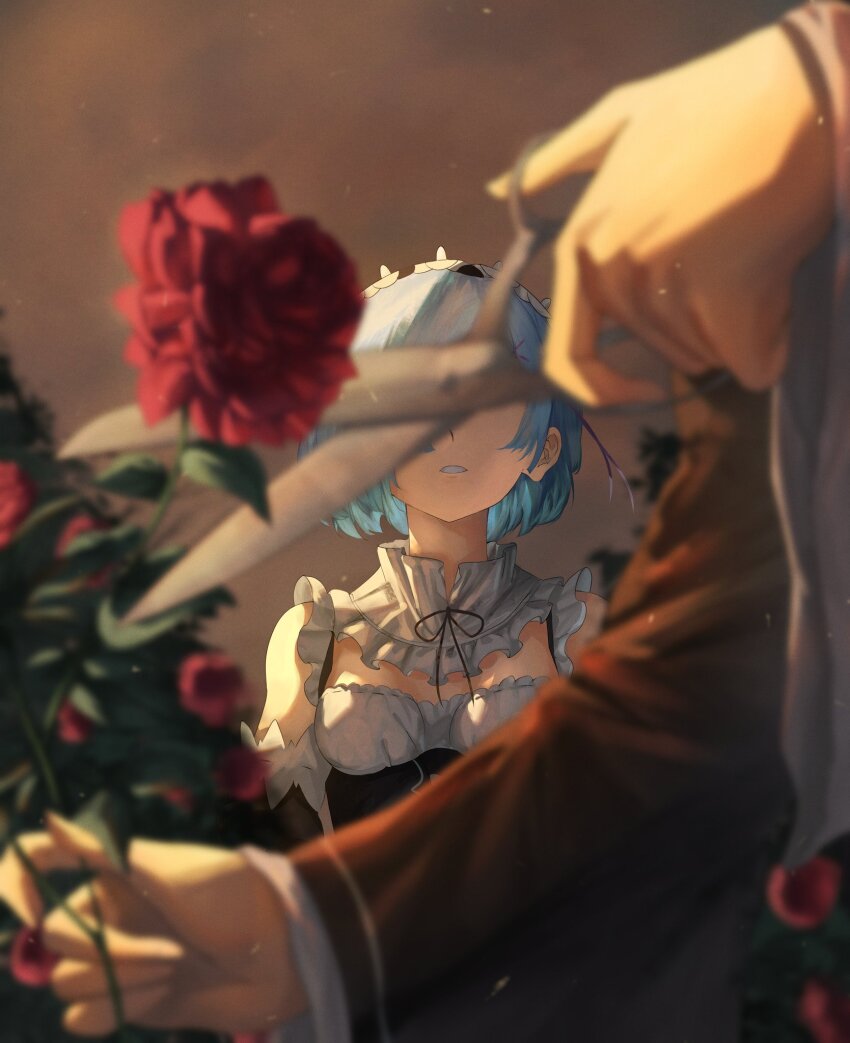 2girls, blue_hair, blurry, commentary_request, covered_eyes, cutting, depth_of_field, detached_sleeves