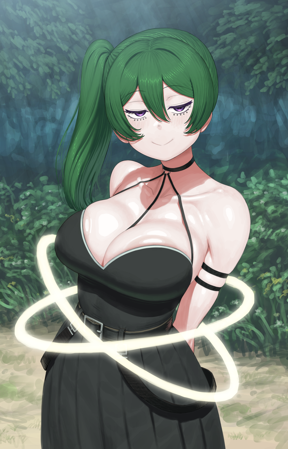 1girl, areola_slip, armlet, belt, black_belt, black_dress, black_skirt, breasts