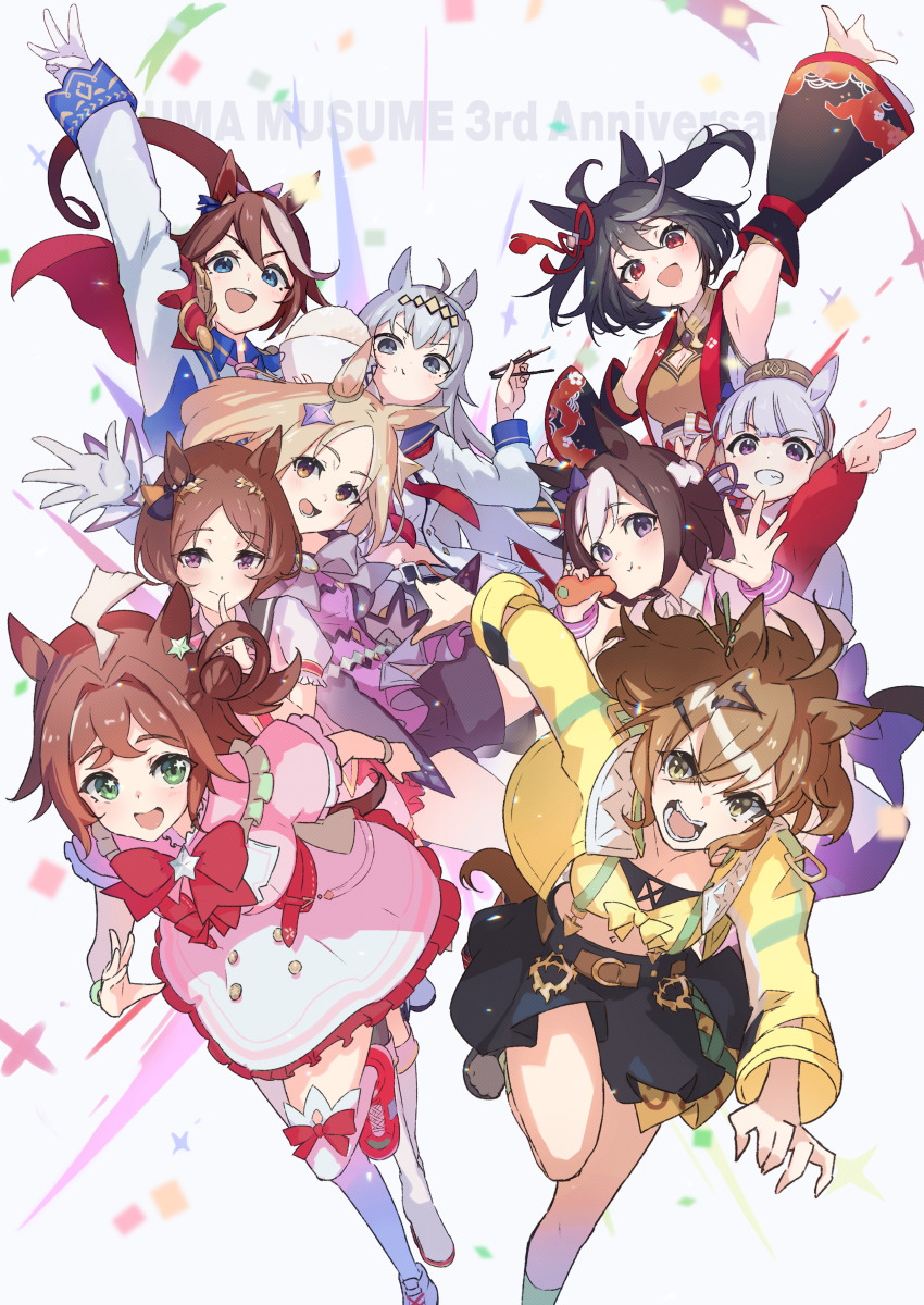 6+girls, absurdres, animal_ears, anniversary, arm_up, armpits, black_hair, black_sleeves