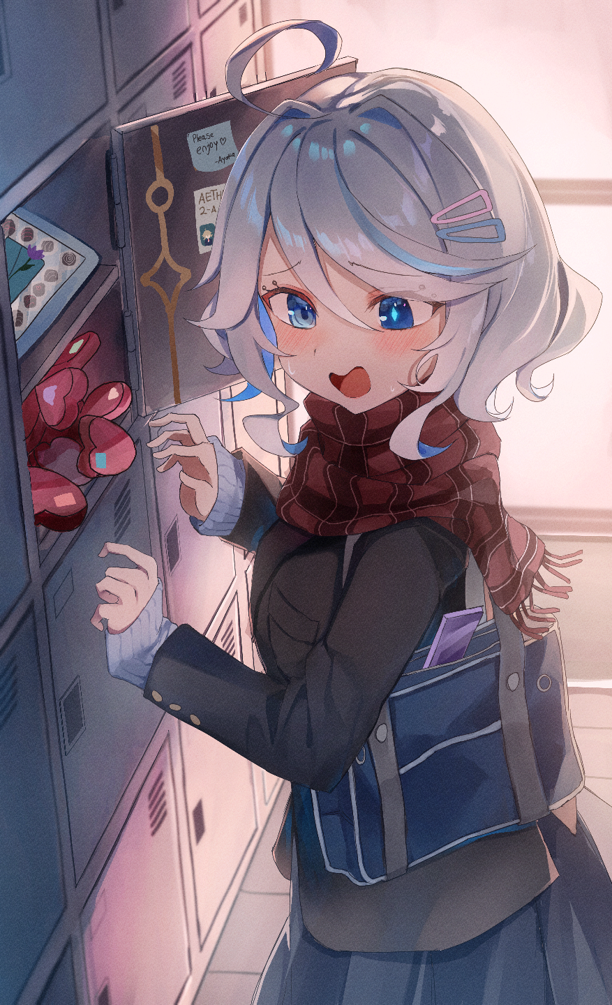 1girl, ahoge, bag, black_jacket, blazer, blue_bag, blue_eyes, blue_skirt, blush, commentary, cowboy_shot, cowlick, english_commentary, evening, from_side, furina_(genshin_impact), genshin_impact, getabako, hair_between_eyes, hair_intakes, hair_ornament, hairclip, heart, heterochromia, highres, indoors, jacket, long_sleeves, mismatched_pupils, open_mouth, plaid_clothes, plaid_scarf, pleated_skirt, pota_ken, red_scarf, scarf, school_uniform, short_hair, shoulder_bag, skirt, sleeves_past_wrists, smile, solo, standing, valentine, white_hair