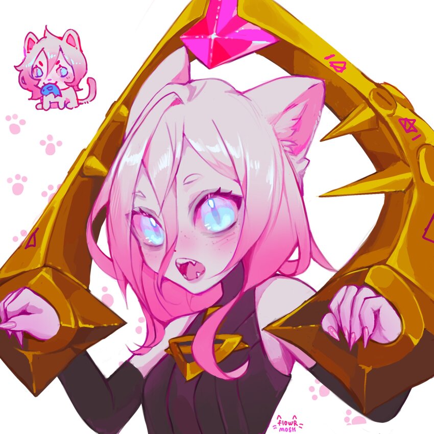 1girl, animal, animal_ears, animalization, bare_shoulders, black_shirt, black_sleeves, blue_eyes, blush, breasts, briar_(league_of_legends), cat, cat_ears, cat_girl, detached_sleeves, fangs, freckles, grey_hair, hair_between_eyes, highres, knol_(flowrmosh), league_of_legends, multiple_views, pink_hair, shirt, small_breasts, teeth, upper_body, white_background