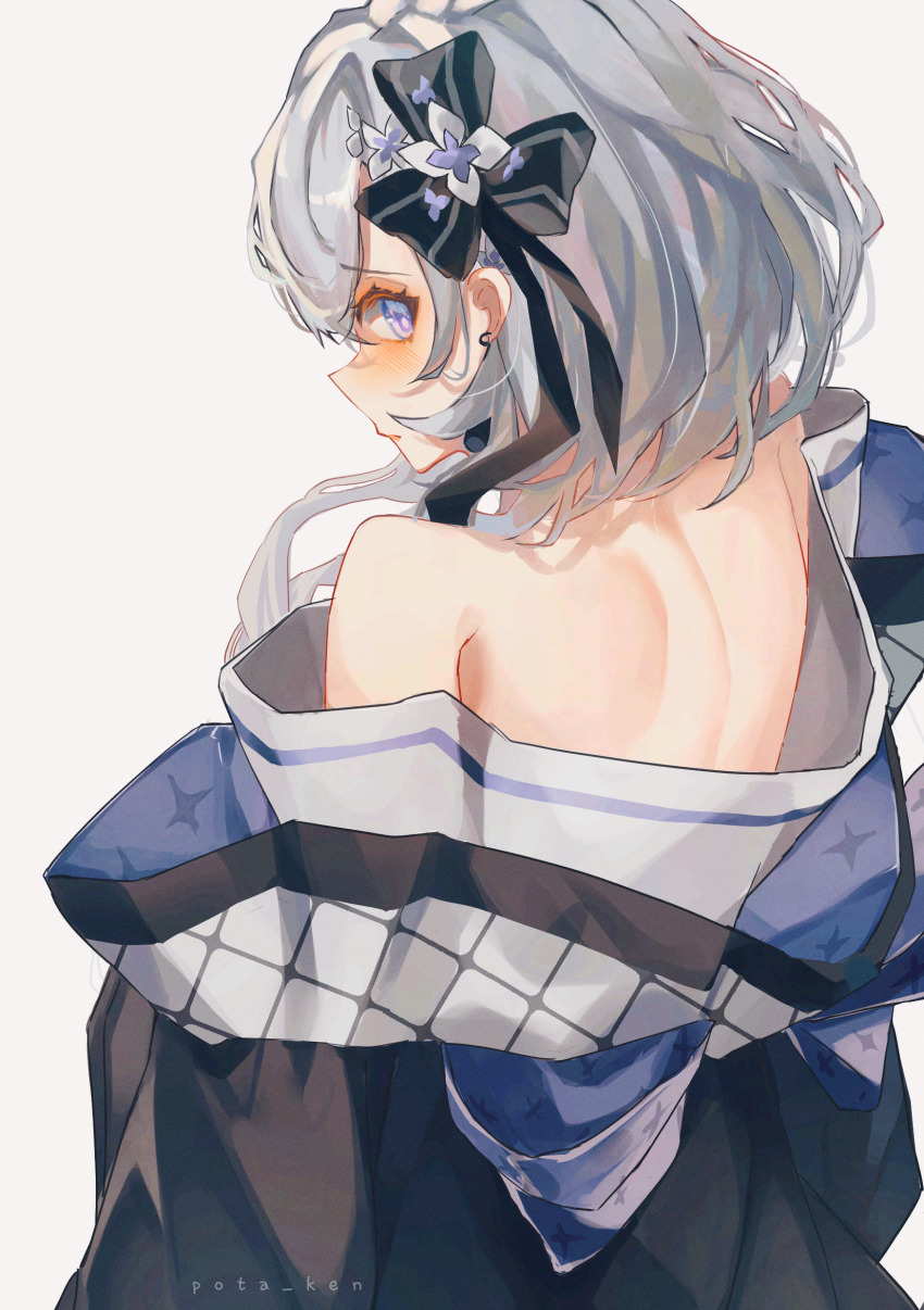 1girl, absurdres, artist_name, bare_back, bare_shoulders, black_bow, black_kimono, blush